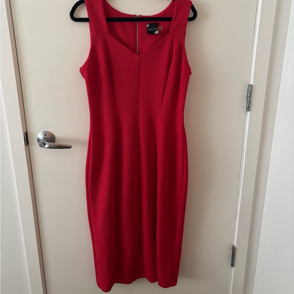 Maison Tara Red V-Neck Sleeveless Sheath Midi Dress